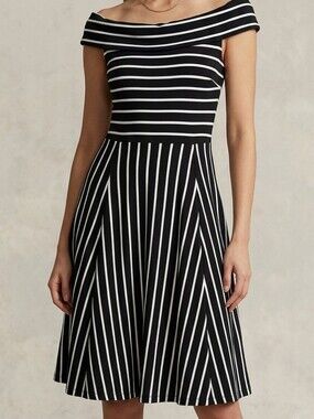 NEW No Tags Mossimo Over Off-Shoulder Blck & Whte Striped Fit-and-Flare Dress M